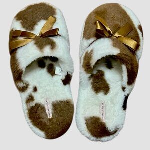 Brown and White Fuzzy Slippers with Bows